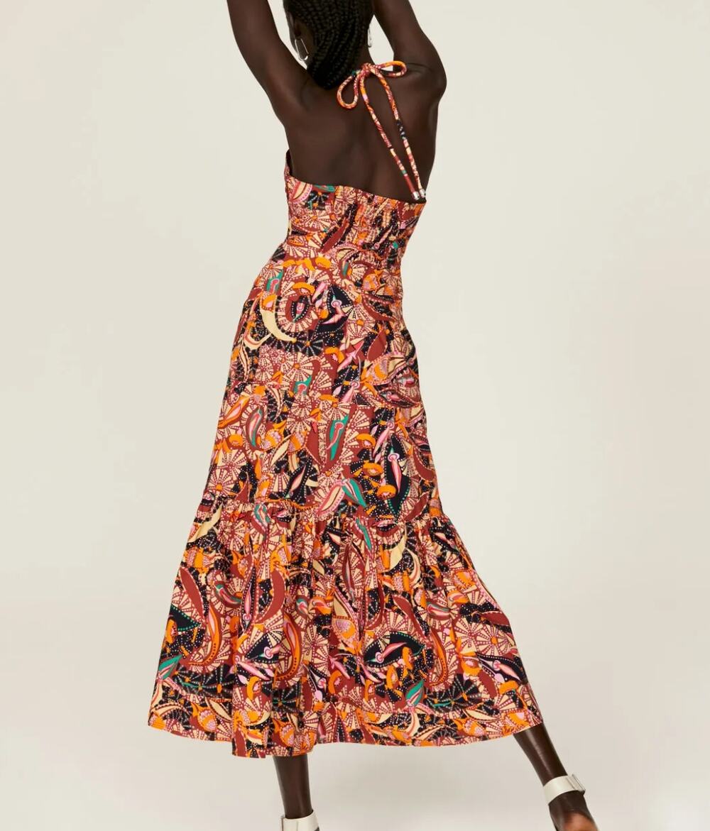 A.L.C. Brown Batik Halter Midi Dress SIZE 14 Tropical Cotton Smock Designer $600
